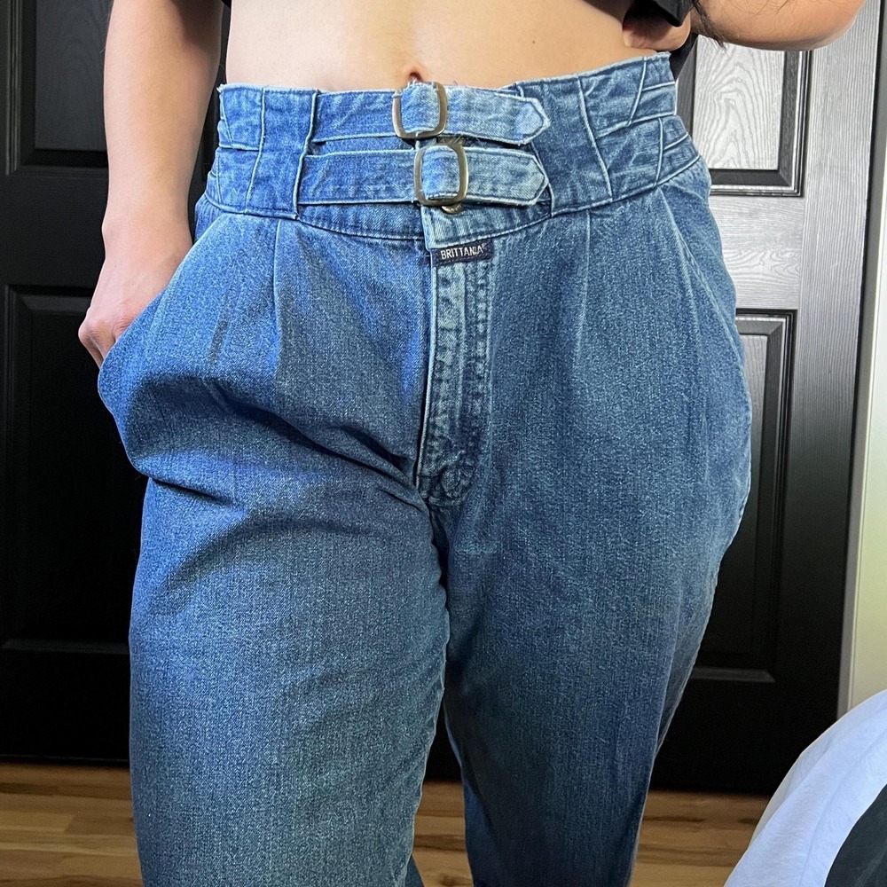 vtg 80s Brittania dark denim mom jeans front double buckle size 11 tapered